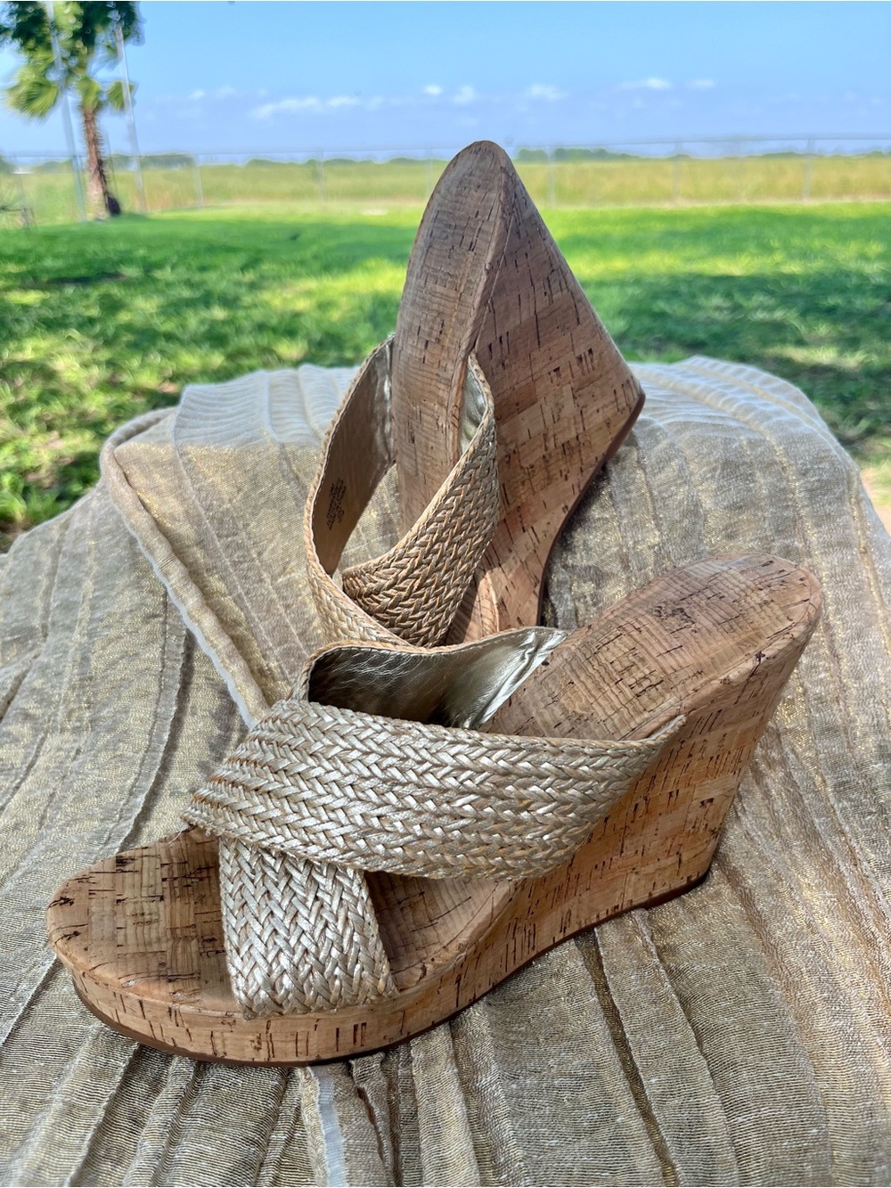 Nine West Braided Cork Wedge Sandals - Beige